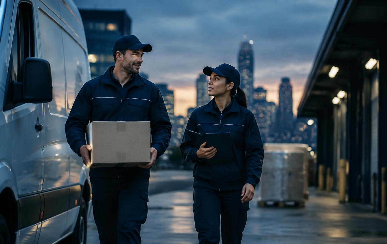 Core Elements couriers walking beside a cargo van at a Houston dock at dusk