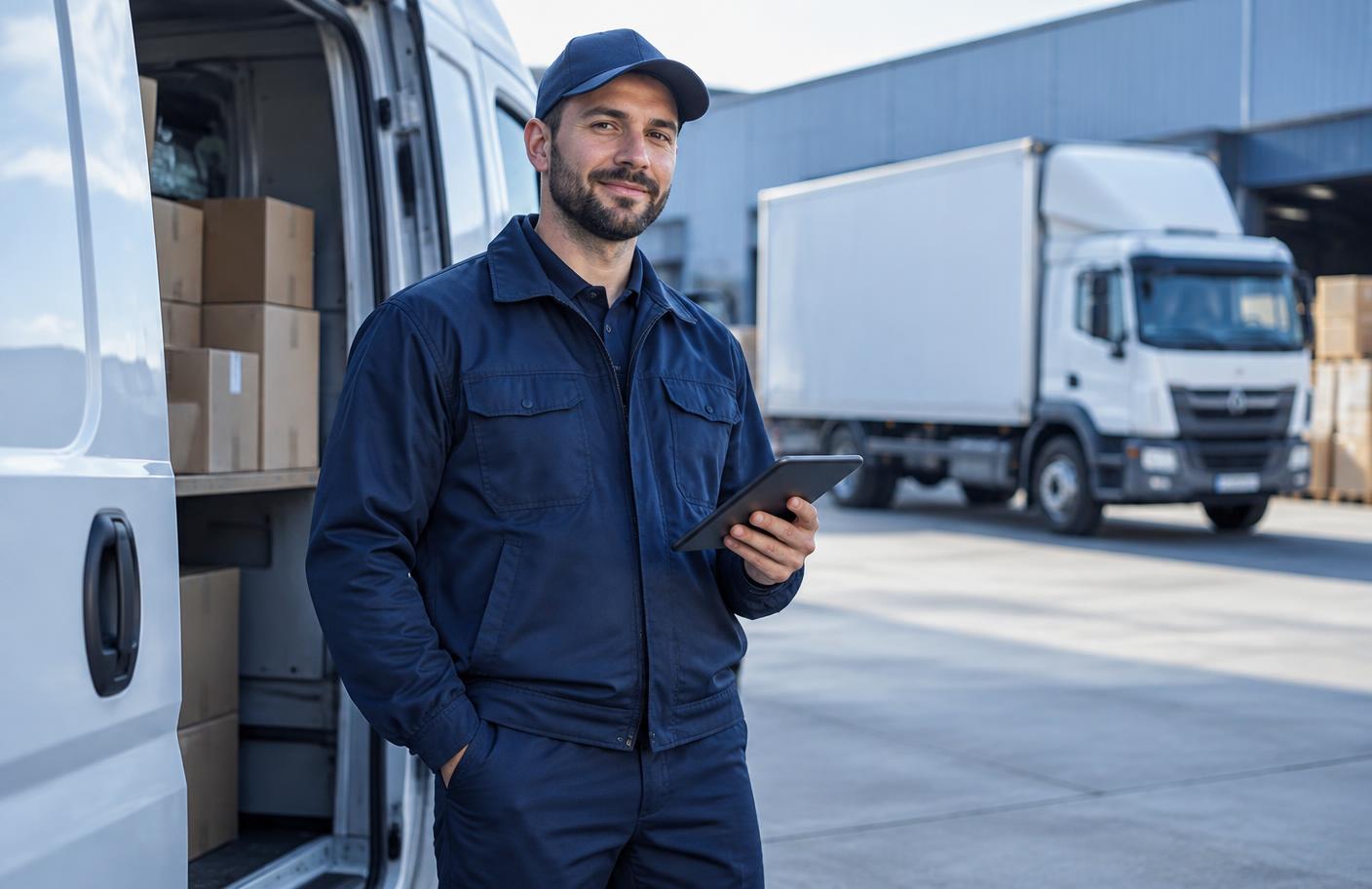 Courier loading sealed packages into a cargo van at a Houston loading dock