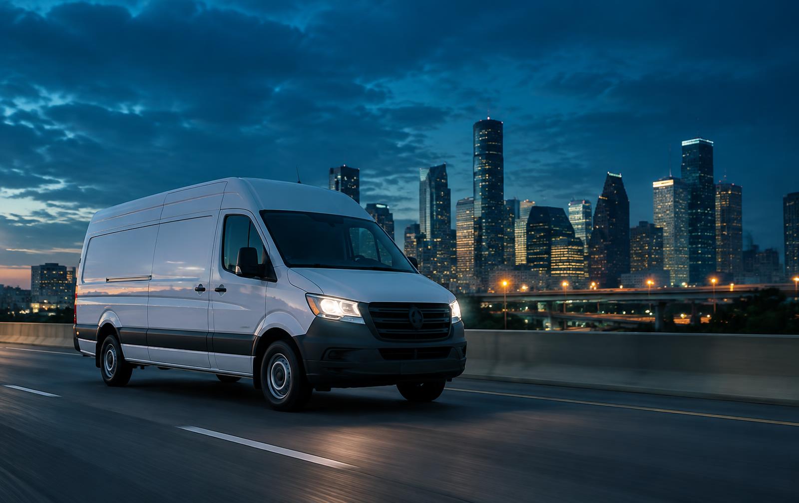 Cargo van on a Houston freeway at dusk with the downtown skyline behind it